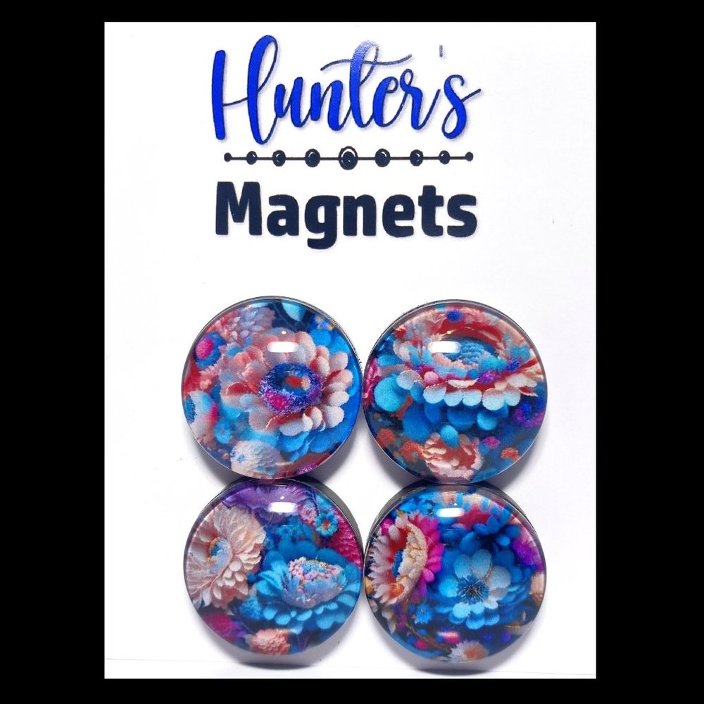 Set of 4 Handcrafted Glass 3D Blue Flowers - Refrigerator Kitchen Whiteboard